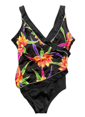 INCHES AWAY Tropical Floral Black Bathing Suit One Piece Size 14 EUC